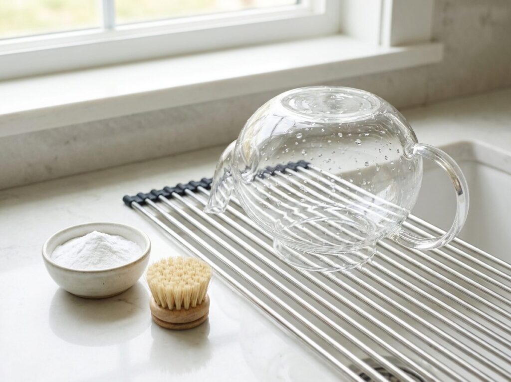 Théière en verre propre et étincelante qui sèche à côté d'un bol de bicarbonate et d'une petite brosse sur un évier clair