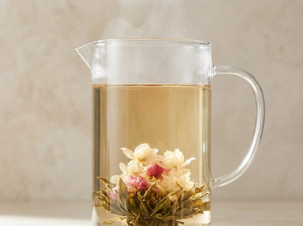 Fleur de thé épanouie au fond d'une théière en verre remplie d'une infusion claire, à la lumière du jour
