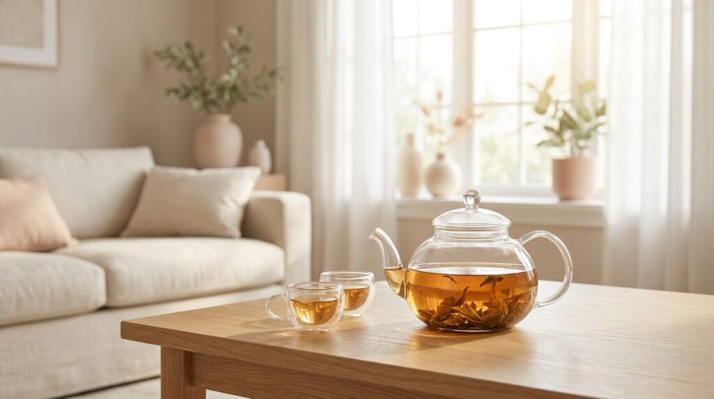 Théière en verre transparent remplie d'un thé doré, posée sur une table claire près d'une fenêtre avec deux tasses