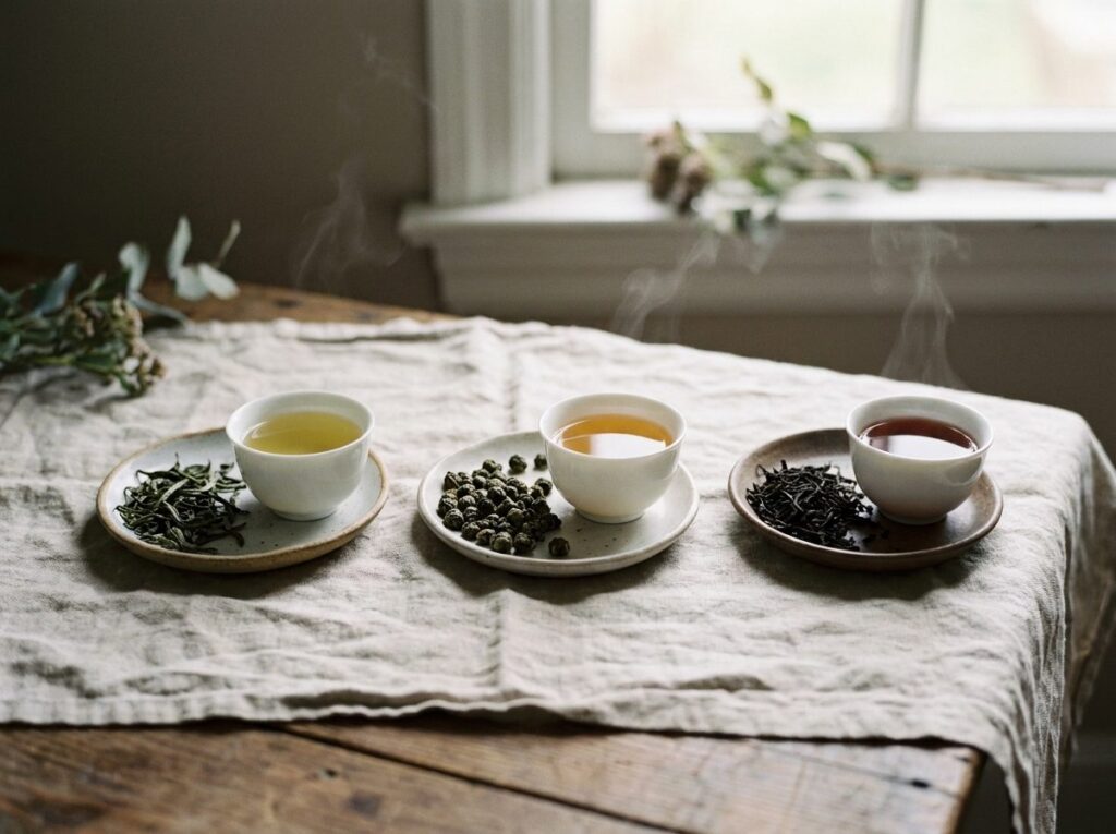 Petites coupelles de feuilles de thé vert, oolong et thé noir posées devant leurs tasses d'infusion respectives