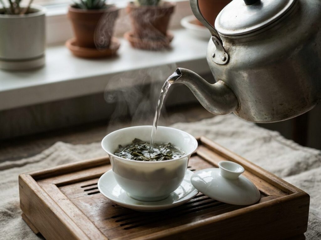 Eau chaude versée d'une bouilloire dans un gaiwan en porcelaine blanche contenant des feuilles de thé vert