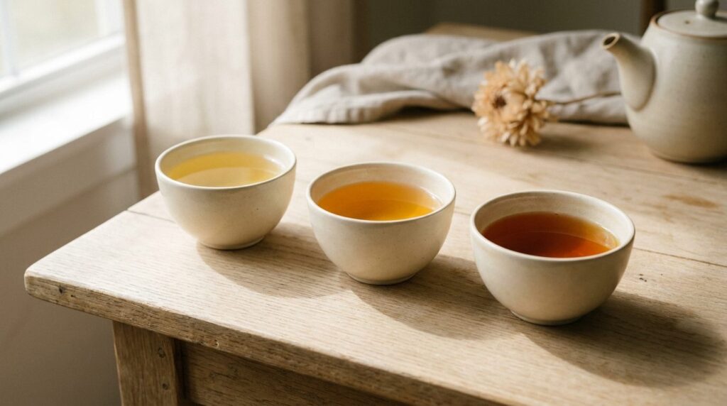 Trois tasses de thé aux couleurs différentes, du jaune pâle à l'ambre foncé, alignées sur une table en bois clair