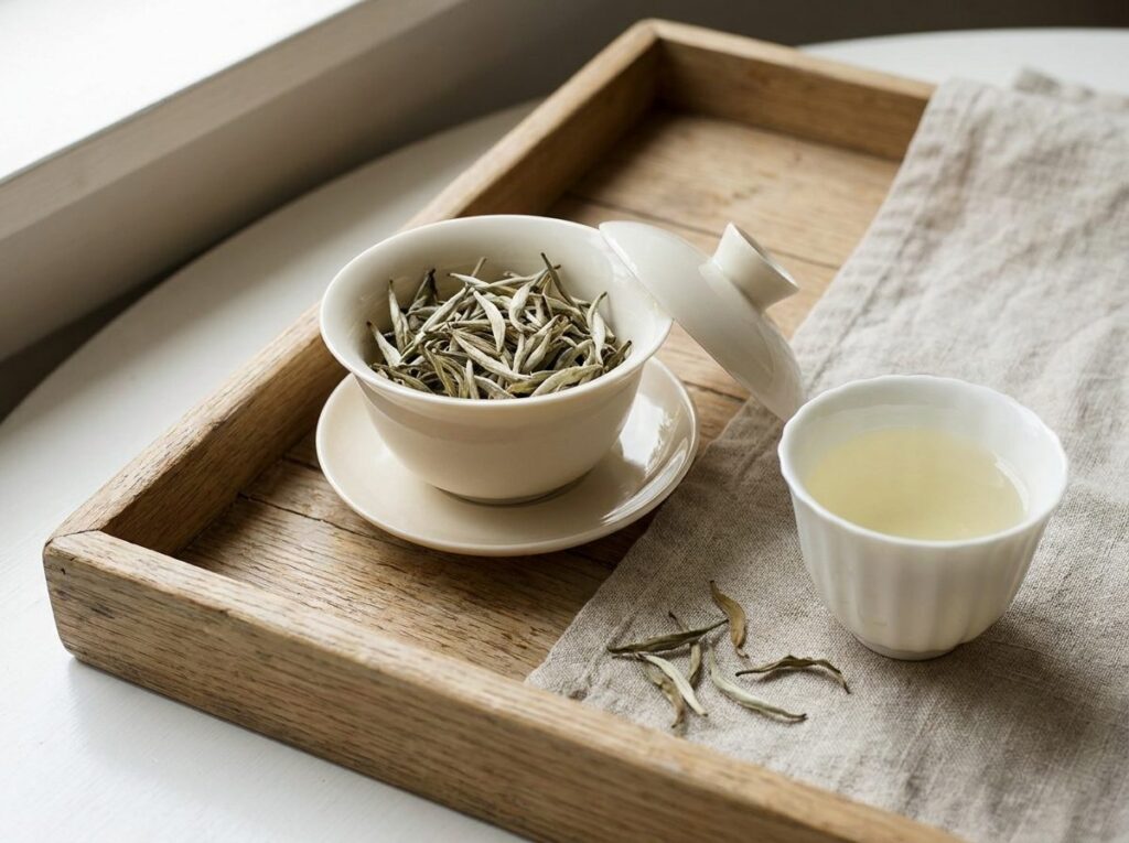 Gaiwan en porcelaine blanche ouvert sur des bourgeons de thé infusés, à côté d'une tasse de liqueur jaune pâle
