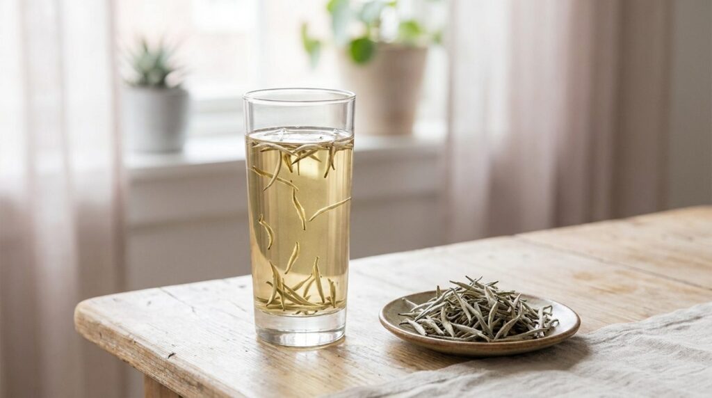 Bourgeons de thé blanc argentés infusant dans un verre transparent, à côté d'une coupelle de bourgeons secs