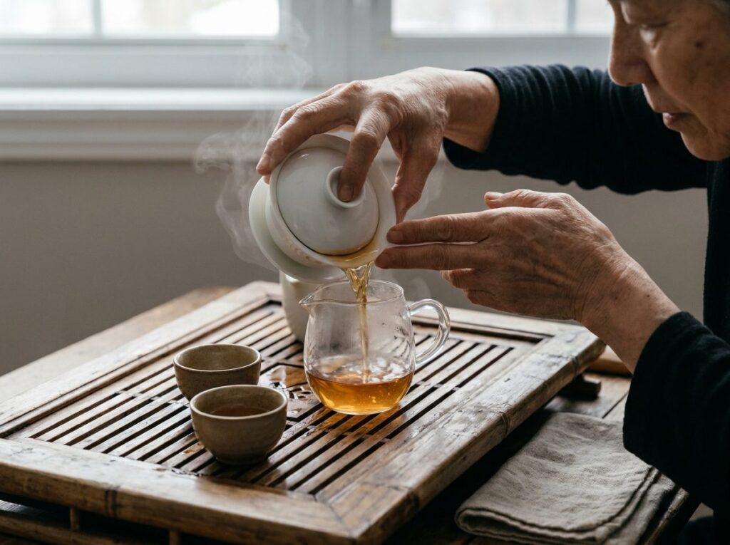 Thé versé d'un gaiwan en porcelaine dans un pichet en verre, au-dessus d'un plateau à thé en bois