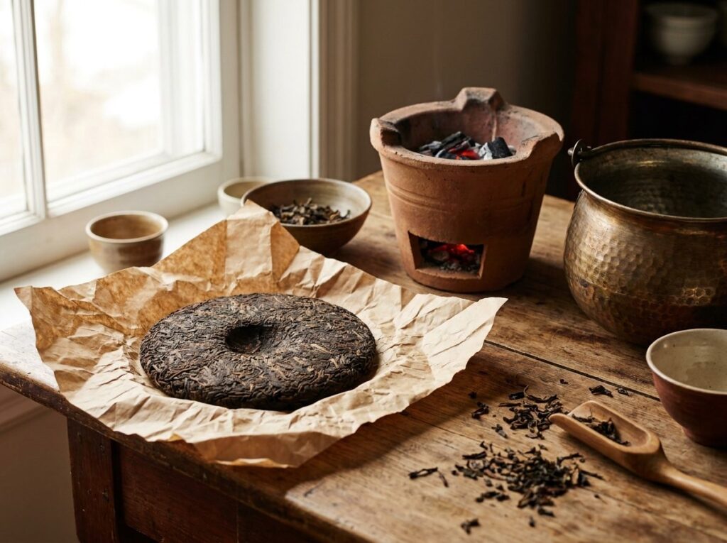 Galette de thé compressé posée sur un papier ancien à côté d'un petit brasero et d'un chaudron en métal