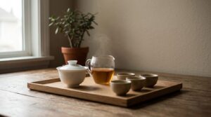 Service à thé chinois avec gaiwan, pichet et petites tasses disposé sur un plateau en bois dans une lumière douce