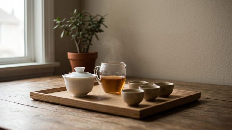 Service à thé chinois avec gaiwan, pichet et petites tasses disposé sur un plateau en bois dans une lumière douce
