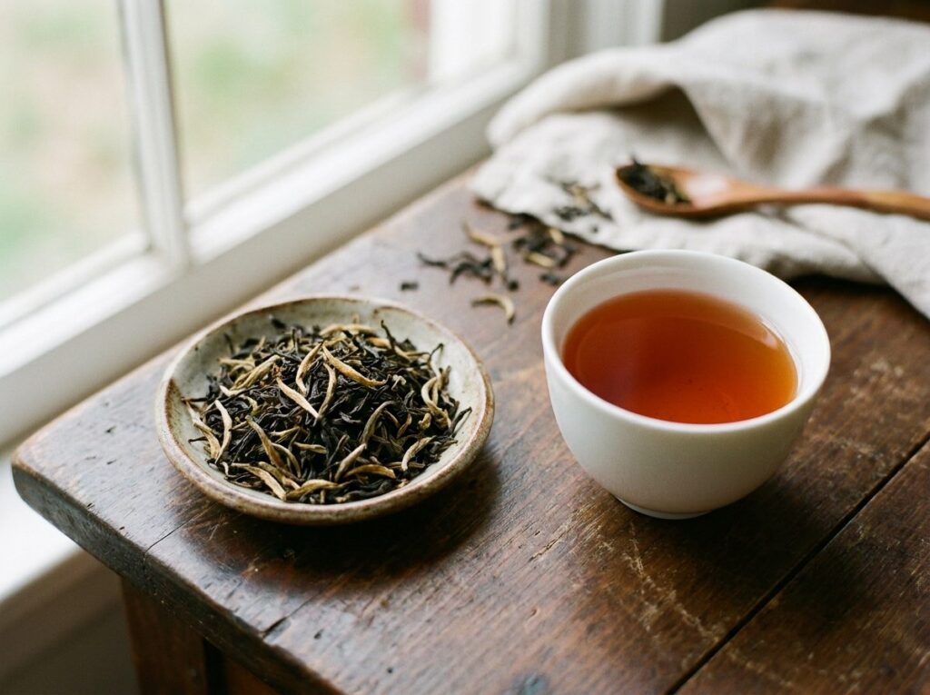 Feuilles de thé noir aux bourgeons dorés dans une coupelle, à côté d'une tasse de thé ambré