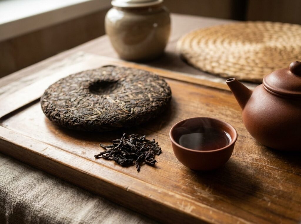 Galette de puer entamée à côté d'une petite théière en argile brune et d'une tasse de thé sombre