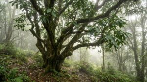 Très vieux théier au tronc épais et noueux dans une forêt de montagne brumeuse du Yunnan