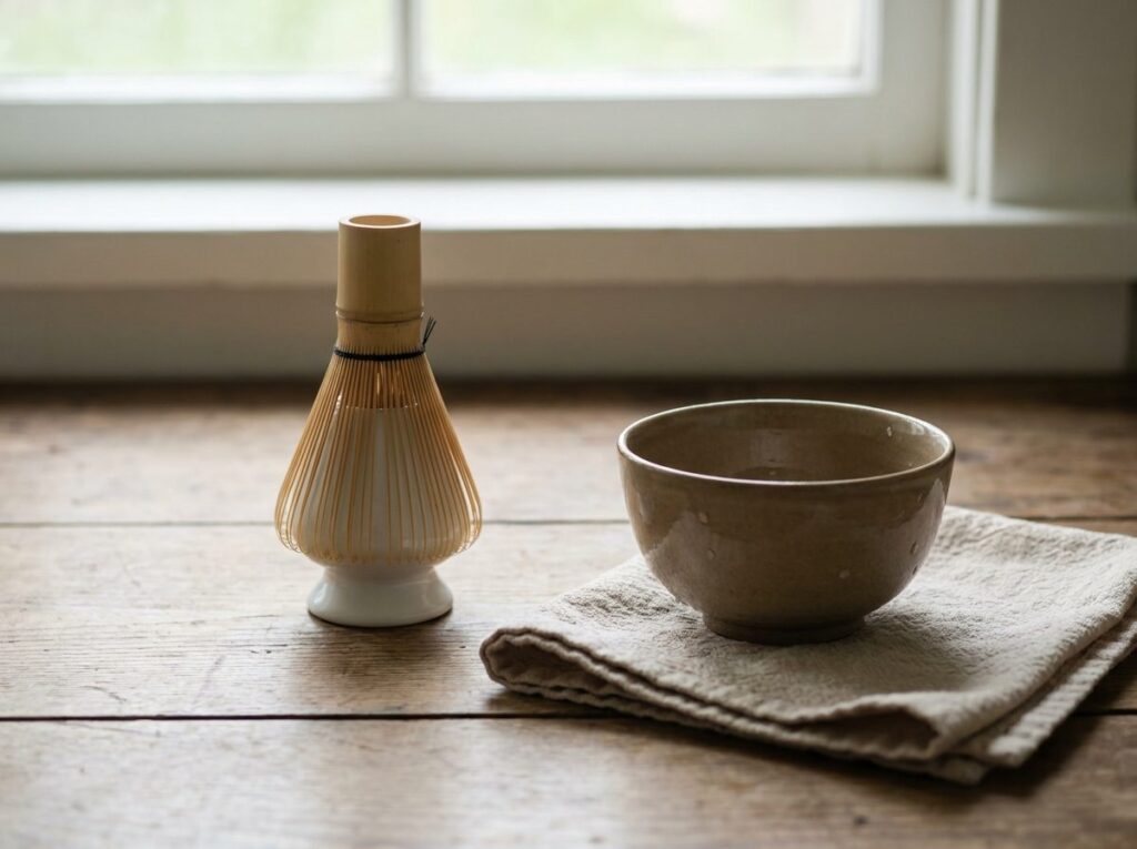 Fouet à matcha en bambou qui sèche à l'envers sur son support en céramique, à côté d'un bol rincé