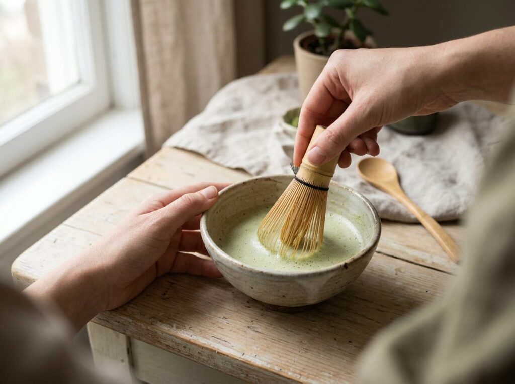 Mains fouettant un matcha dans un bol en céramique avec un fouet en bambou pour former une mousse fine