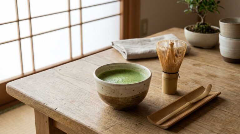 Bol à matcha en céramique rempli de thé matcha mousseux, avec son fouet et sa cuillère en bambou sur une table en bois clair