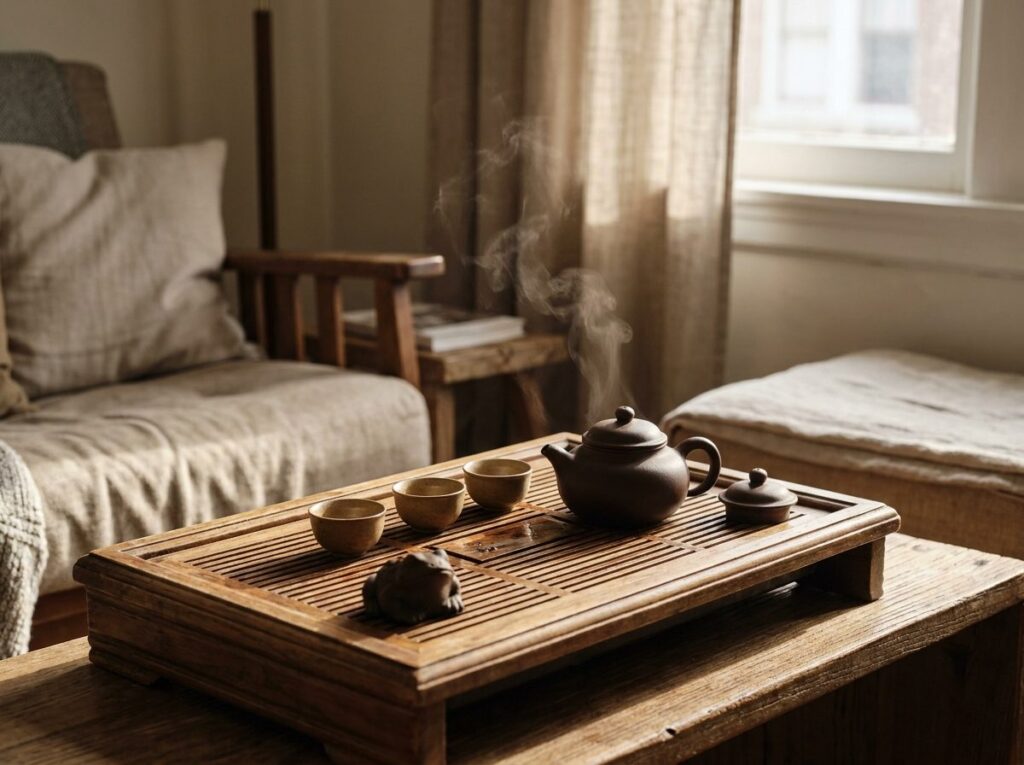 Plateau à thé en bois accueillant une petite théière, des tasses et une figurine de thé en argile, éclairé par une lumière douce