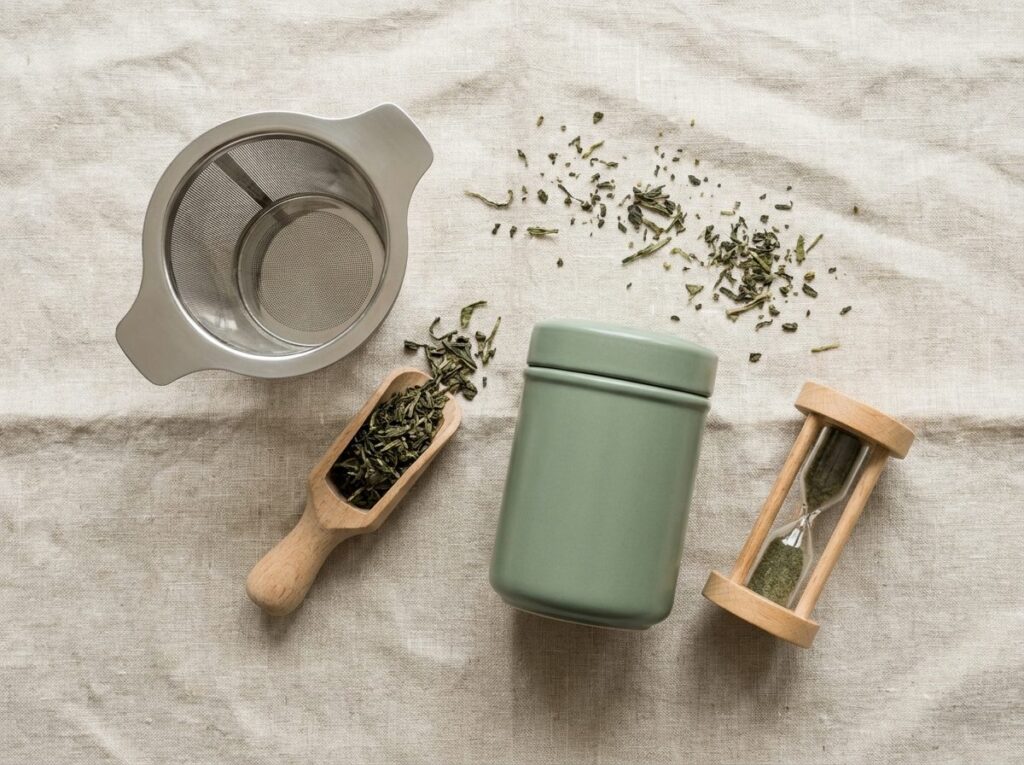 Accessoires à thé essentiels vus du dessus : filtre en inox, cuillère doseuse, boîte à thé fermée, sablier et feuilles de thé