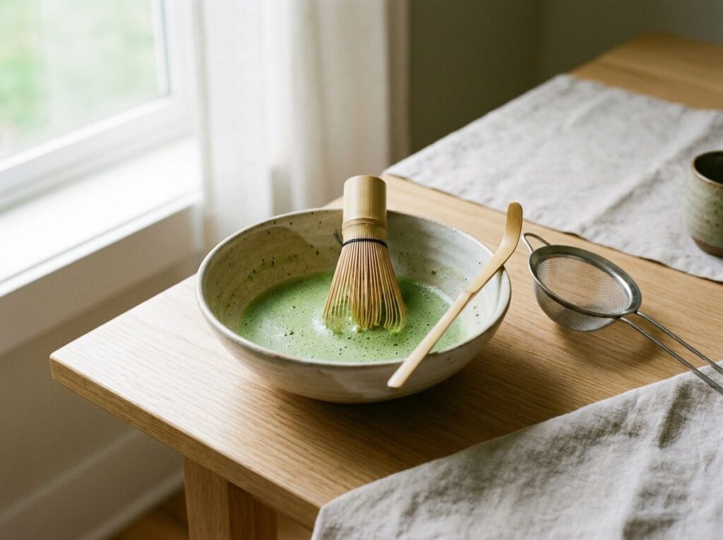 Bol à matcha en céramique avec son fouet en bambou, sa cuillère en bambou et un petit tamis sur une table claire