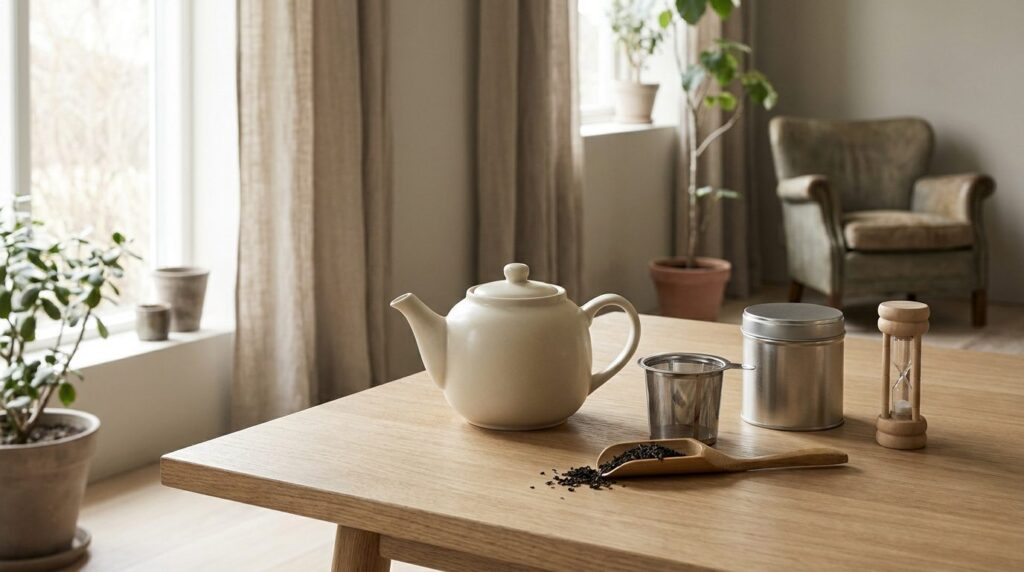 Théière en céramique entourée d'accessoires à thé sur une table en bois : filtre en inox, cuillère en bambou, boîte à thé et sablier