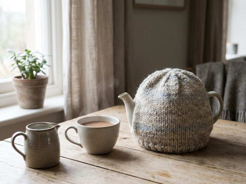 Théière recouverte d'un couvre-théière en laine tricotée, posée sur une table avec une tasse de thé fumante