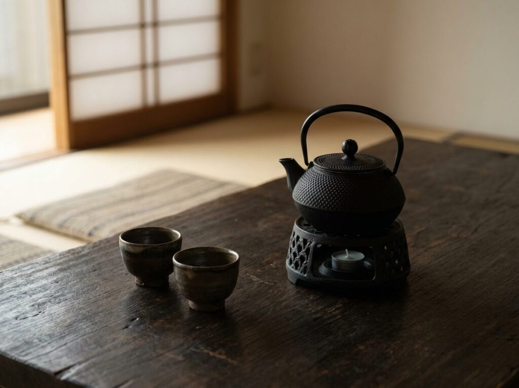 Théière en fonte noire posée sur un réchaud en fonte assorti, à côté de petites tasses en céramique