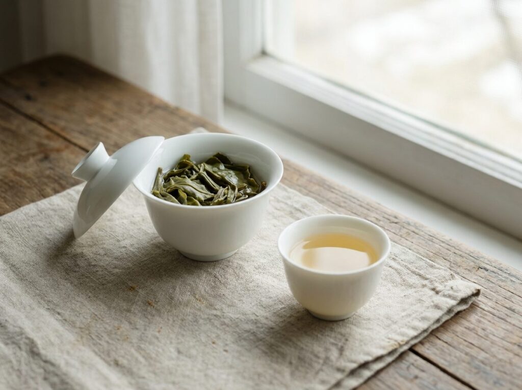 Gaiwan en porcelaine blanche au couvercle entrouvert sur des feuilles de thé vert, à côté d'une petite tasse de thé