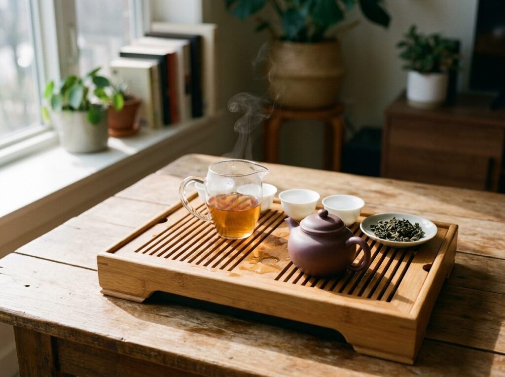 Petite théière en argile sur un plateau à thé en bois avec un pichet de partage et trois petites tasses de thé oolong