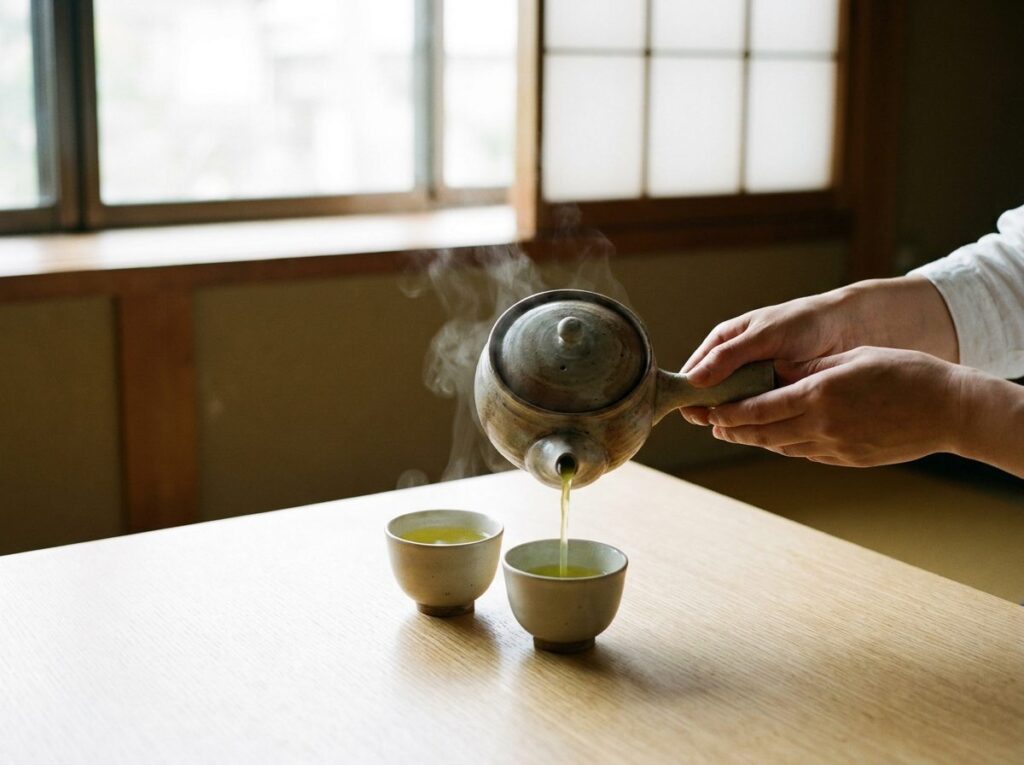 Thé vert sencha versé depuis un kyusu japonais à poignée latérale dans deux petites tasses sans anse