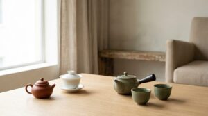 Petite théière chinoise en argile et gaiwan en porcelaine à côté d'un kyusu japonais à poignée latérale sur une table en bois clair