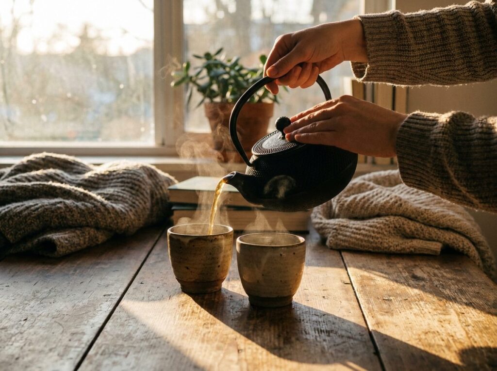 Thé servi depuis une théière en fonte dans deux petites tasses en céramique