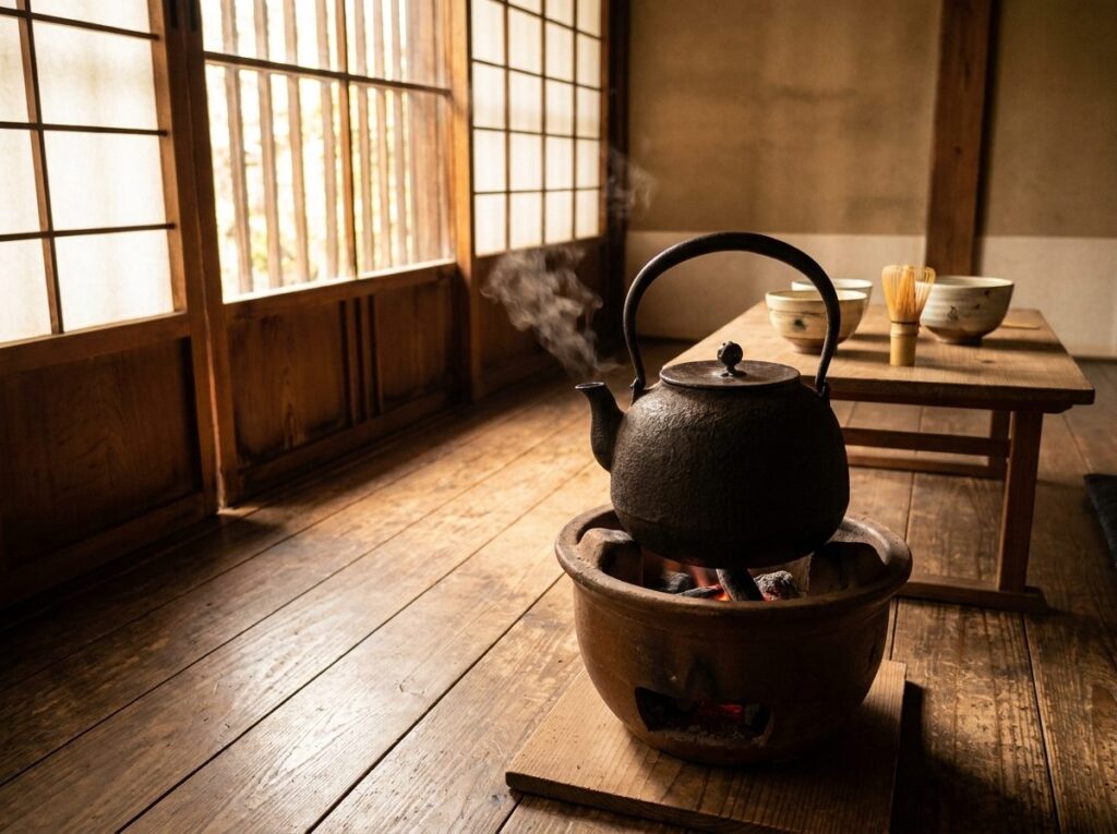 Bouilloire japonaise en fonte brute de type tetsubin chauffant l'eau sur un petit brasero