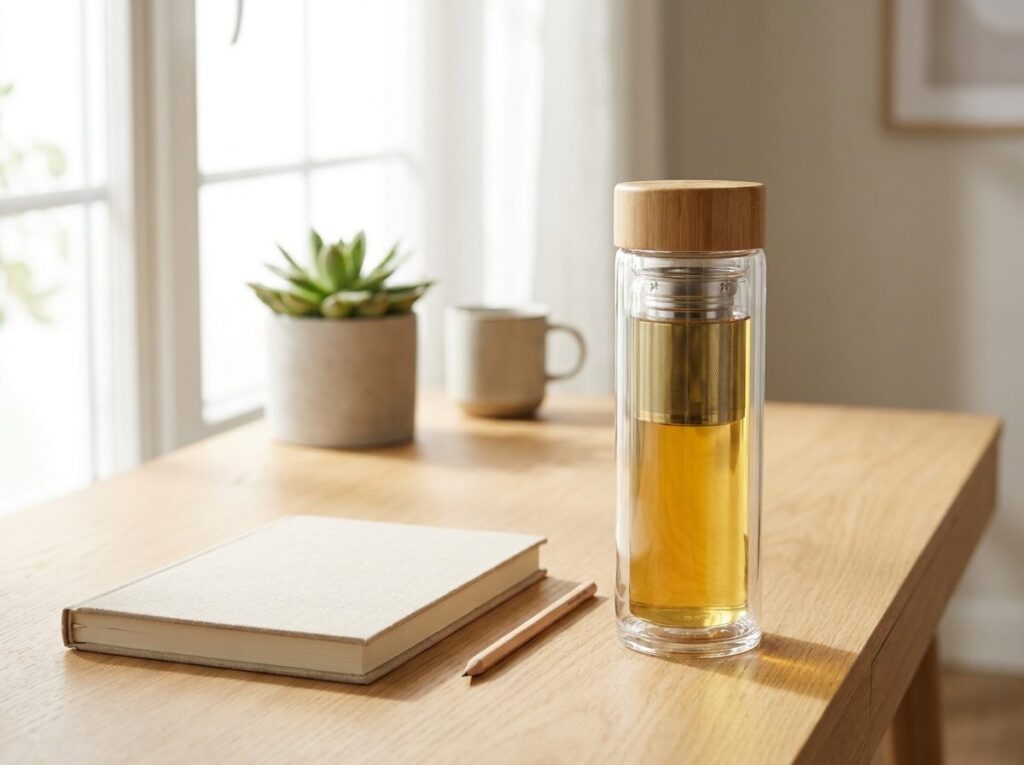 Théière infuseur en verre à double paroi remplie de thé doré sur un bureau en bois, à côté d'un carnet et d'une fenêtre lumineuse