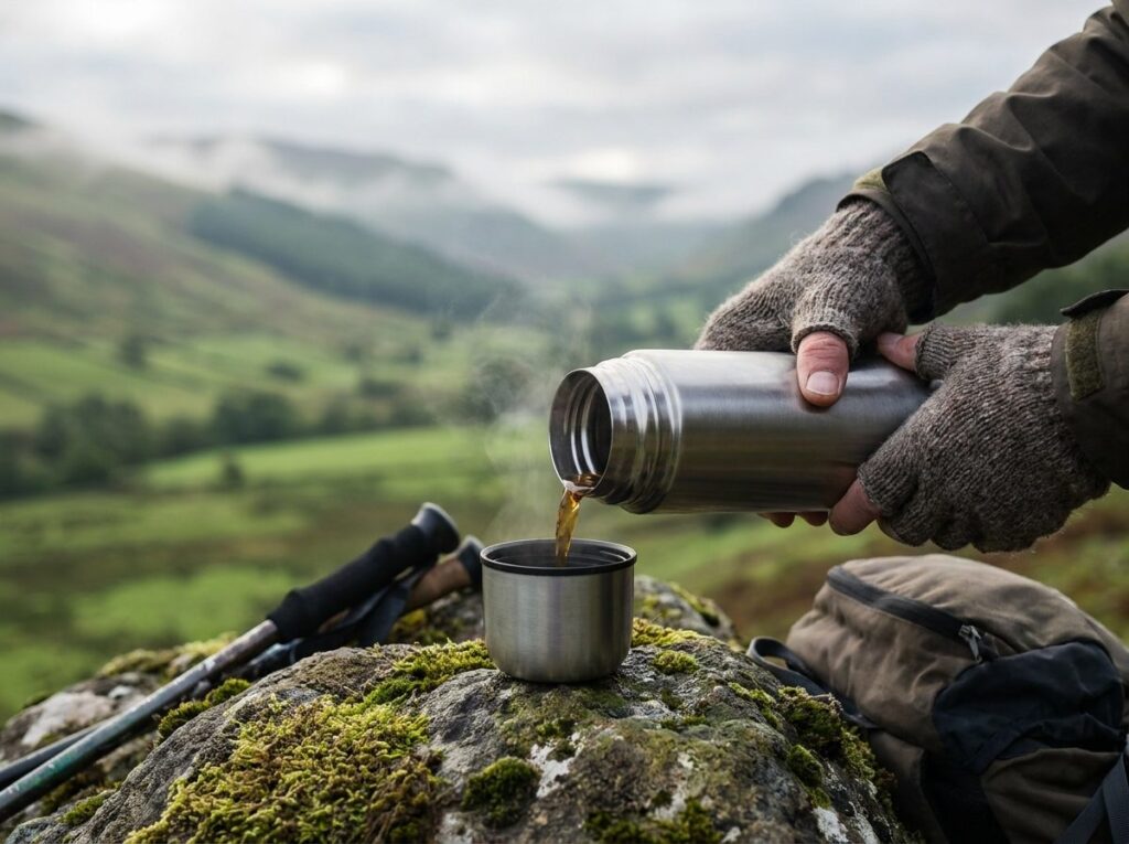 Thé chaud versé d'un thermos en inox dans son gobelet lors d'une pause en randonnée, face à une vallée