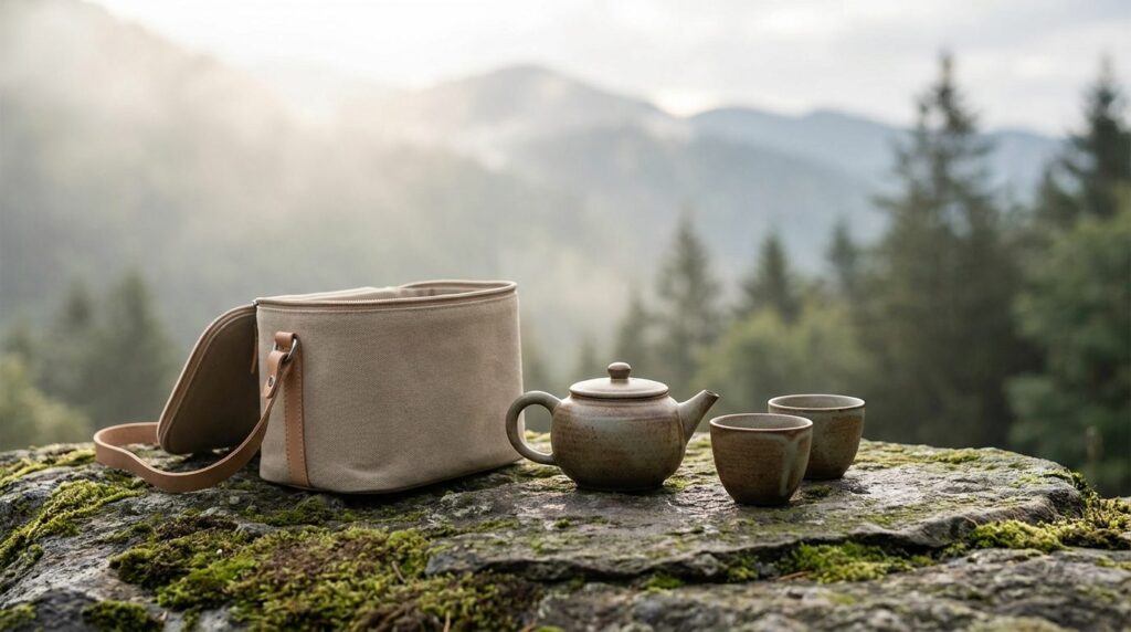 Petit service à thé de voyage avec théière et tasses posé sur un rocher plat face à un paysage de montagne, à côté de son étui en toile