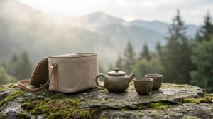 Petit service à thé de voyage avec théière et tasses posé sur un rocher plat face à un paysage de montagne, à côté de son étui en toile