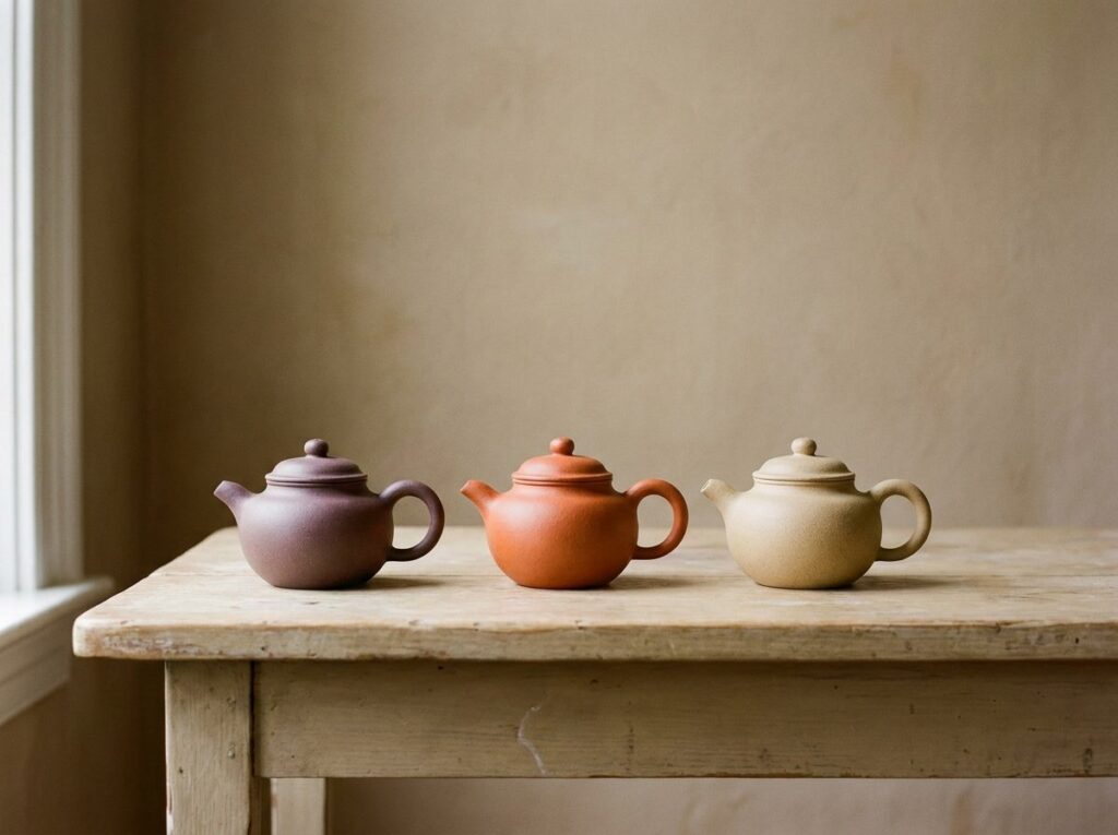 Trois petites théières en argile non émaillée, brun violacé, rouge orangé et beige sable, alignées sur une table en bois