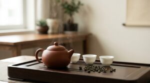 Petite théière en argile brun-rouge non émaillée posée sur un plateau en bois à côté de tasses à thé miniatures