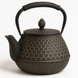 Théière En Fonte Émaillée Motif Nid D'abeille Noire
