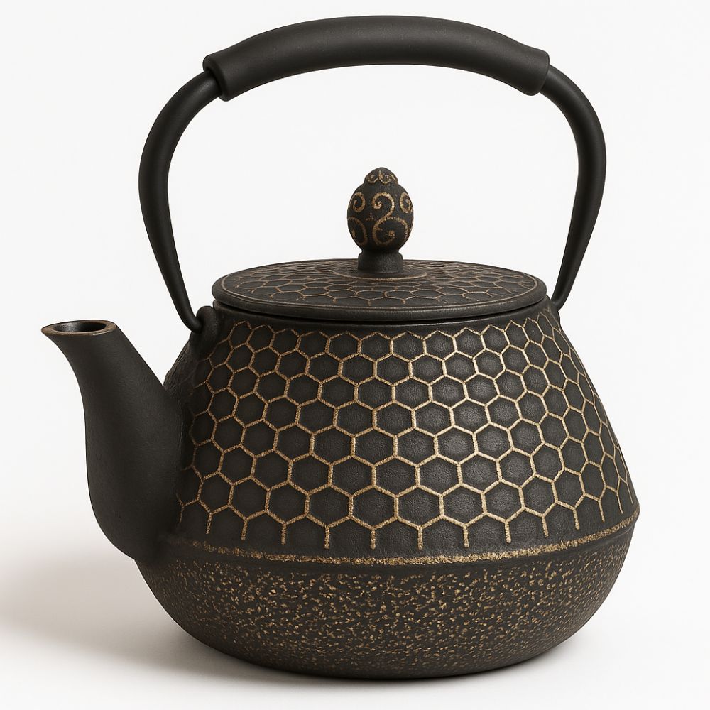 Théière En Fonte Émaillée Motif Nid D'abeille Noire