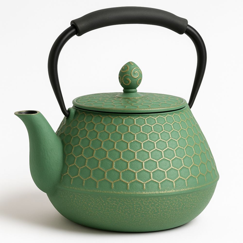 Théière En Fonte Émaillée Motif Nid D'abeille Vert