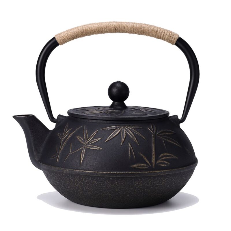 Théière en Fonte Bambou Serein – Motif Feuilles Dorées