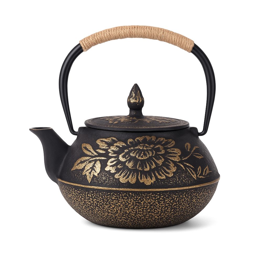 Théière en Fonte Éclosion Dorée – Motif Floral Peony