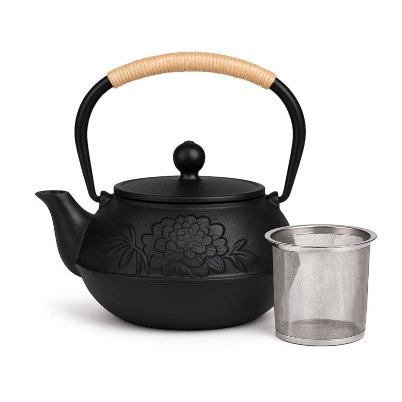Théière en Fonte Fleur Obsidienne – Motif Floral Discret