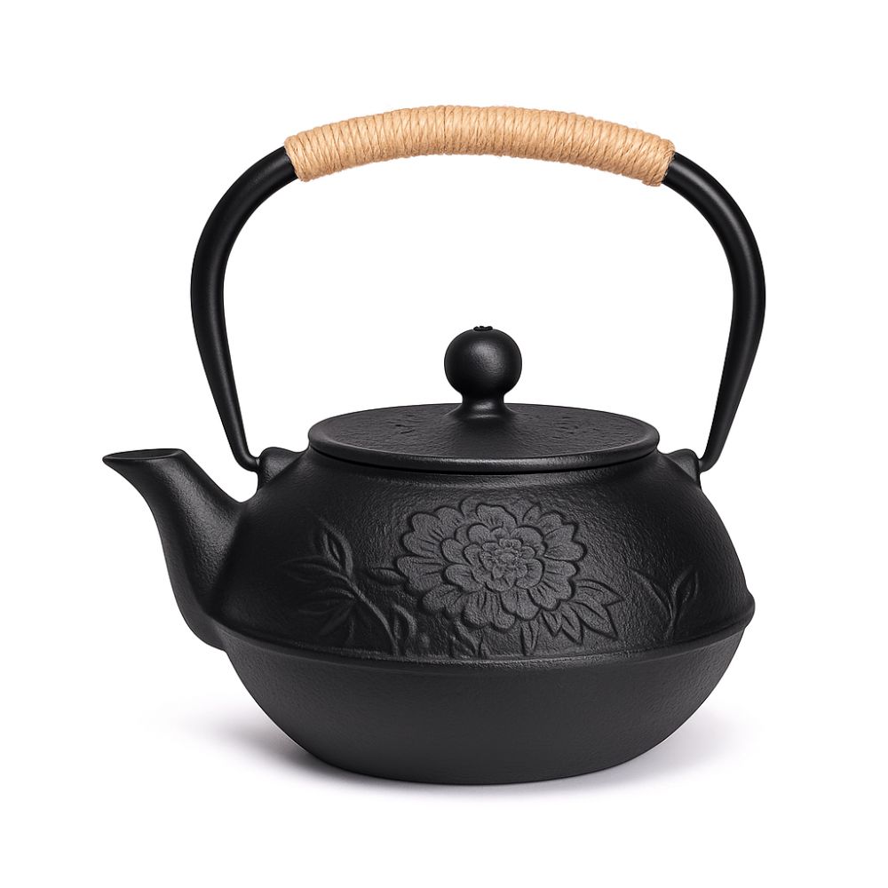 Théière en Fonte Fleur Obsidienne – Motif Floral Discret