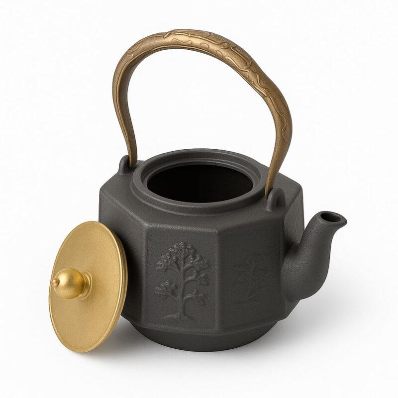 Théière en Fonte Octogonale – Motifs Bambou & Anse Dorée (2)