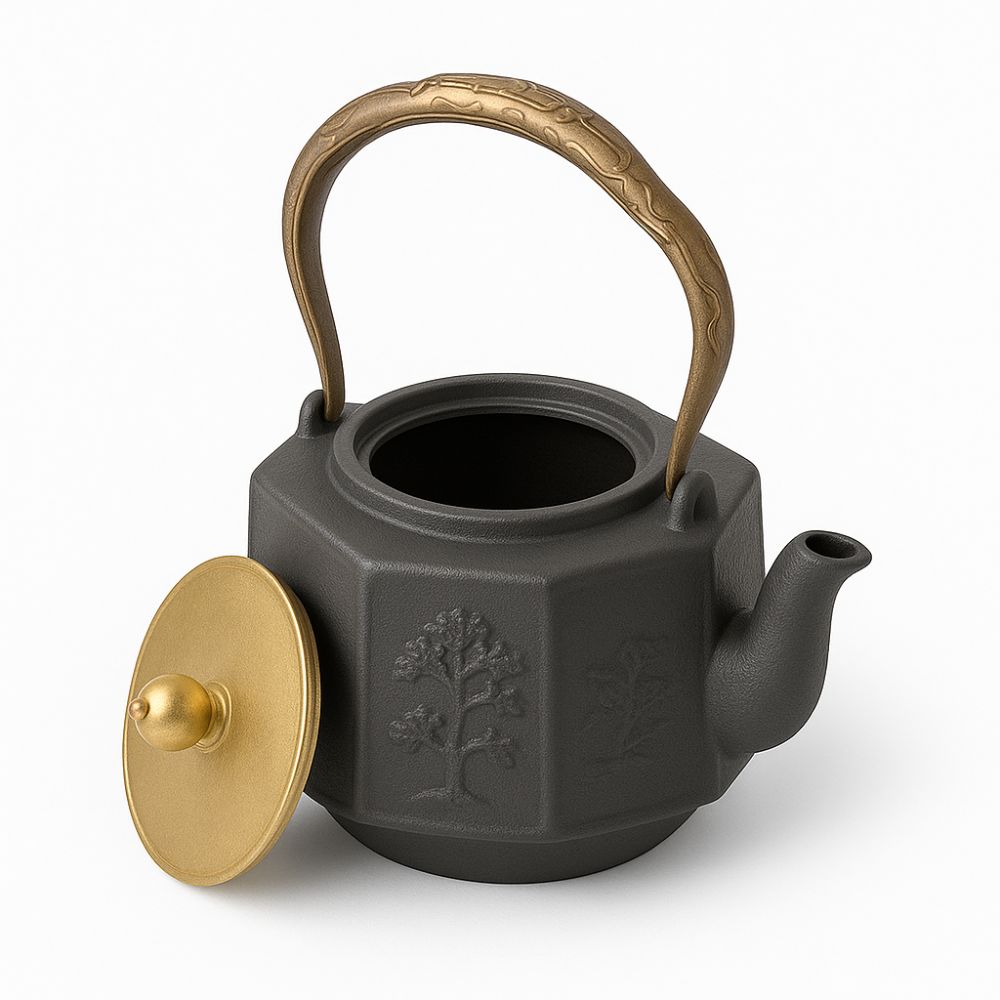 Théière en Fonte Octogonale – Motifs Bambou & Anse Dorée (2)