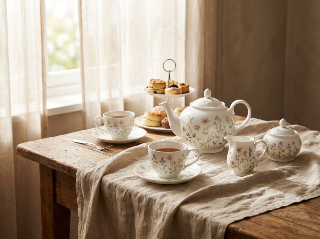 Service à thé anglais en porcelaine fine avec tasses sur soucoupes, pot à lait et sucrier