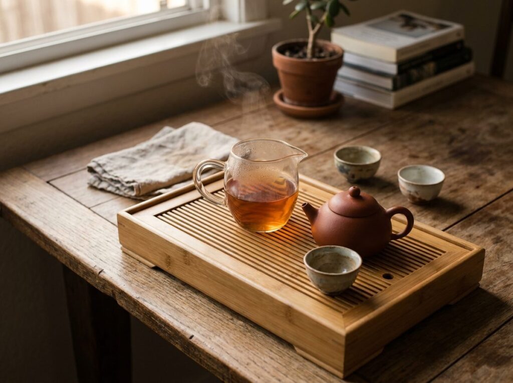 Service Gong Fu Cha avec petite théière en terre cuite, cruche de partage et petites tasses sur un plateau en bois à égouttoir