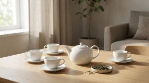 Service à thé en porcelaine blanche avec théière et tasses assorties posé sur une table en bois clair