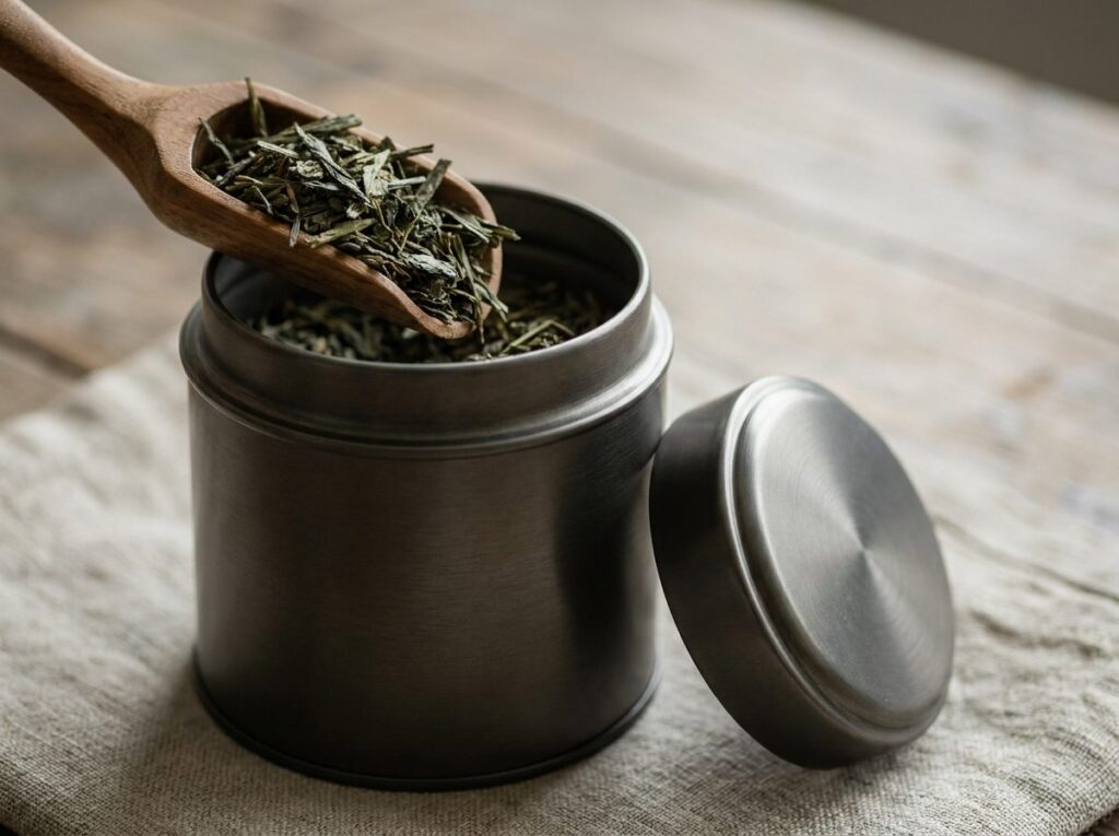 Feuilles de thé sec prélevées avec une cuillère en bois dans une boîte à thé en métal ouverte