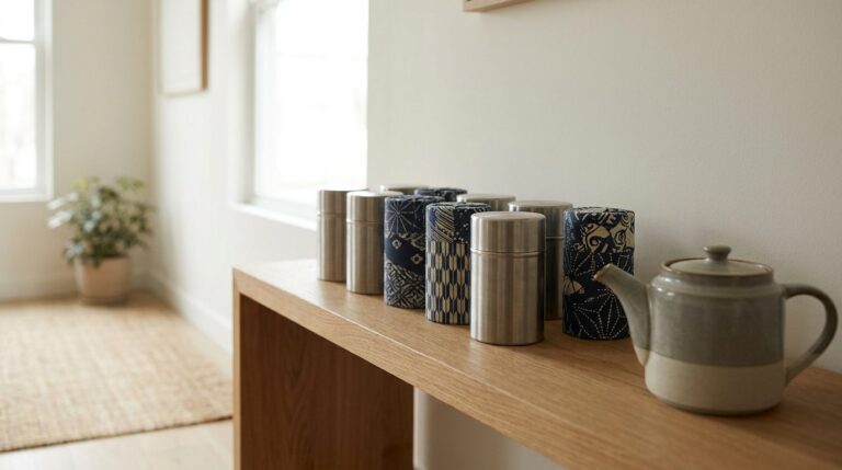 Boîtes à thé en métal et en papier washi alignées sur une étagère en bois à côté d'une théière